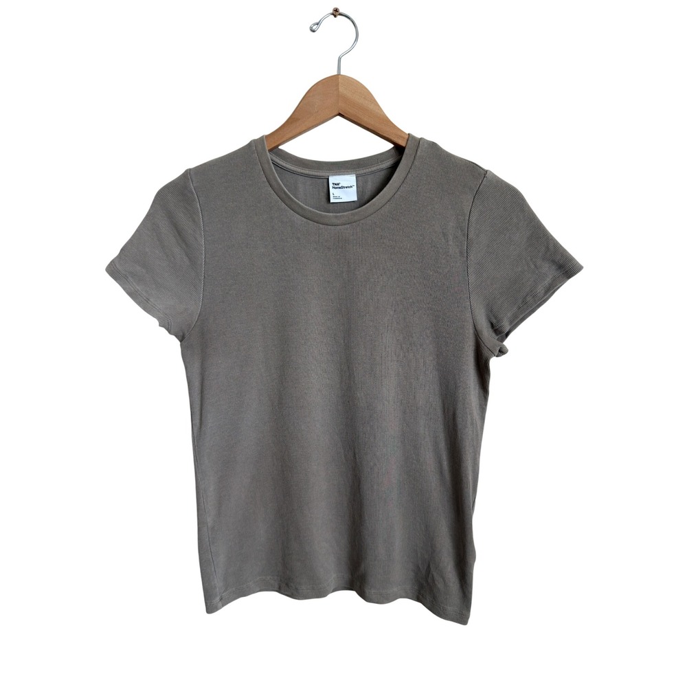 Aritzia TNA HomeStretch Rib Tune T-Shirt L Taupe Gray Fitted Cotton Crewneck Top